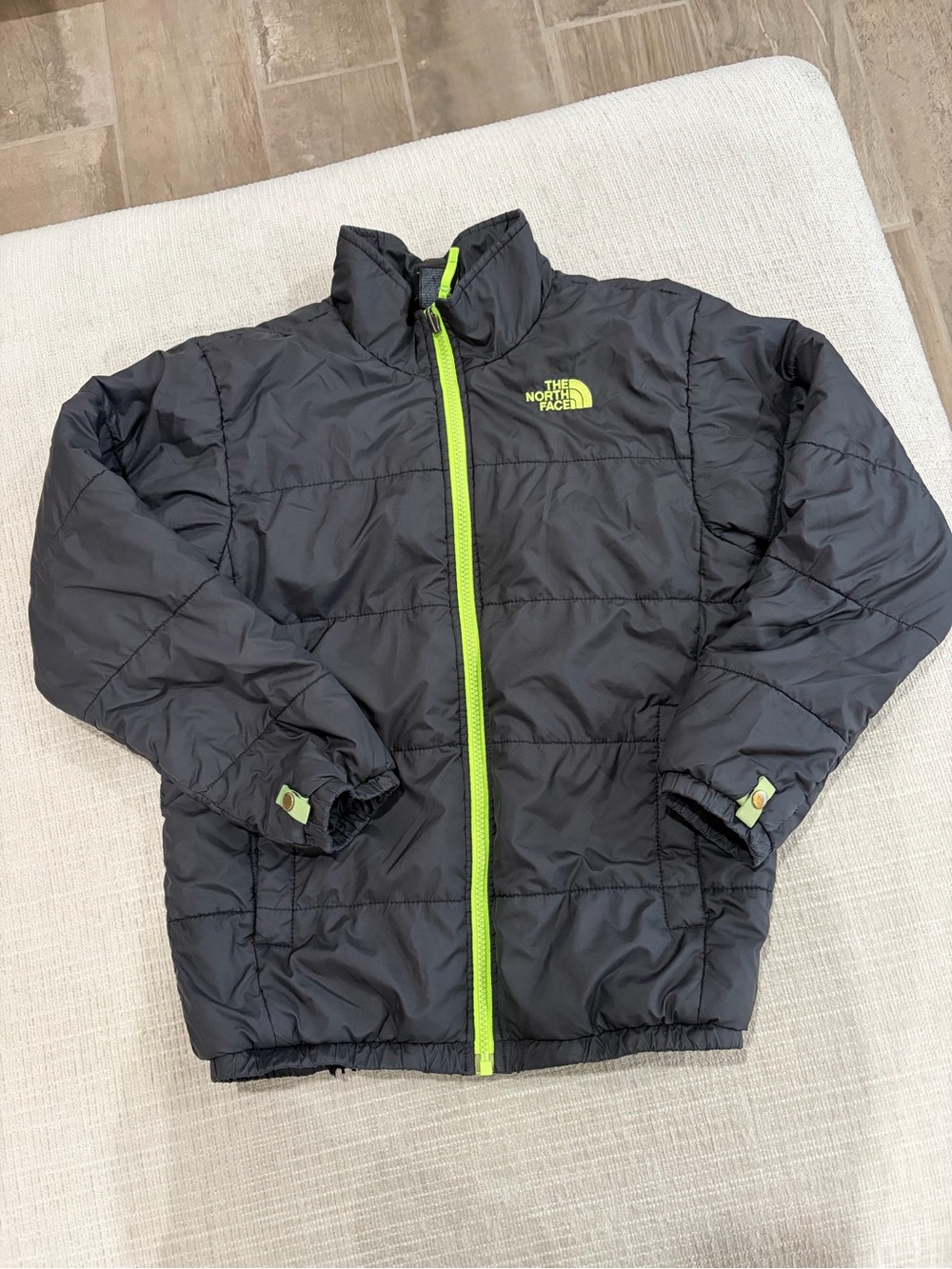 The North Face Kids Black Puffer Jacket with Neon Green Trim